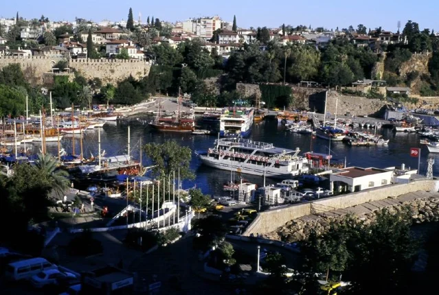 Antalya old harbour for a Kaleici day trip from Side; archival 2005 photograph